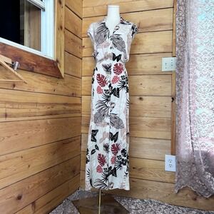 Vintage Maxi Dress Womens Size 16 XL Floral Tropical Linen Look Joseph Ribkoff